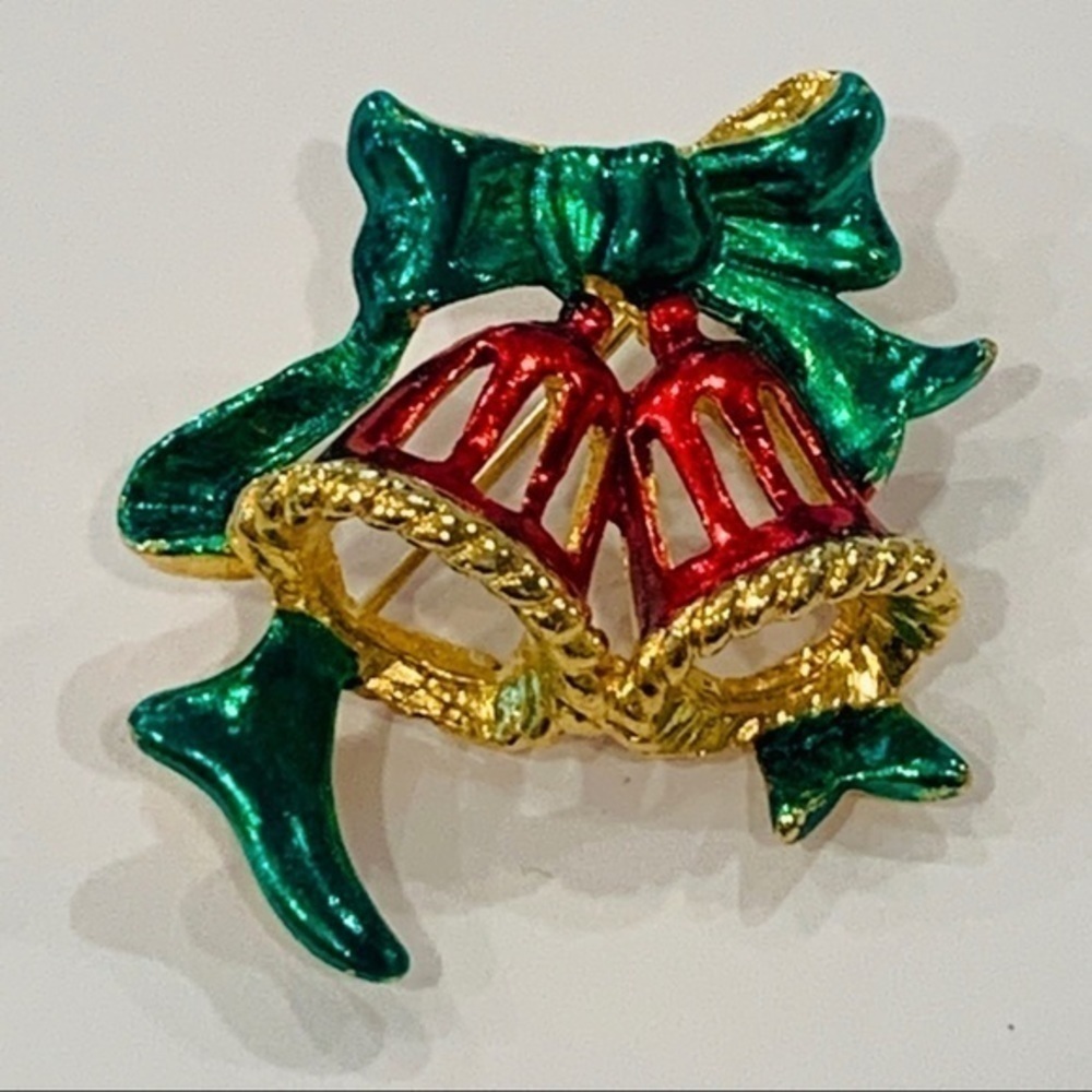 💐5/25 Christmas bells bow ribbon pin brooch